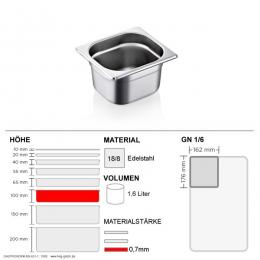 Gastronorm Behälter GN 1/6 - 100mm - GN90 - 18/8 Edelstahl - 0,7mm